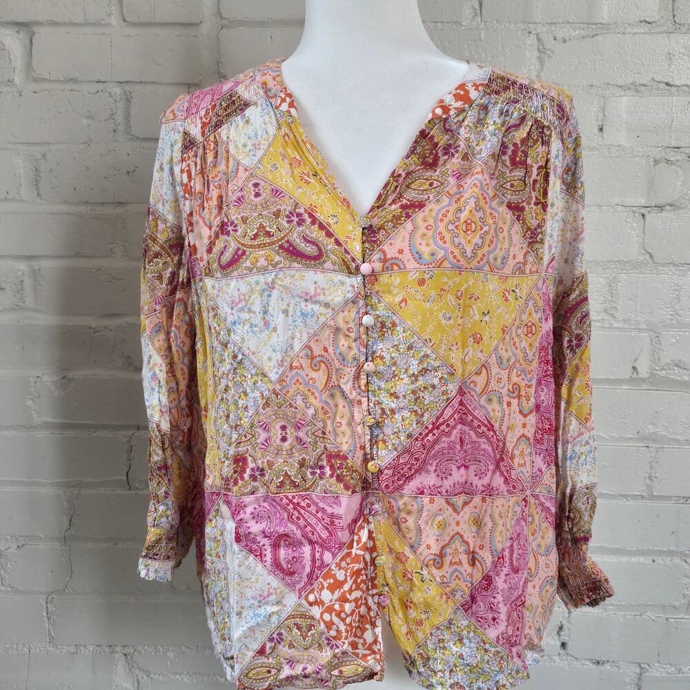 Bohemian Paisley Patchwork Blouse┃Rayon, Smocked, Pink & Yellow┃Cottagecore